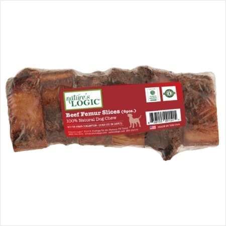 Small Beef femur slices with red label "Nature's Logic" 100% natural dog chew.