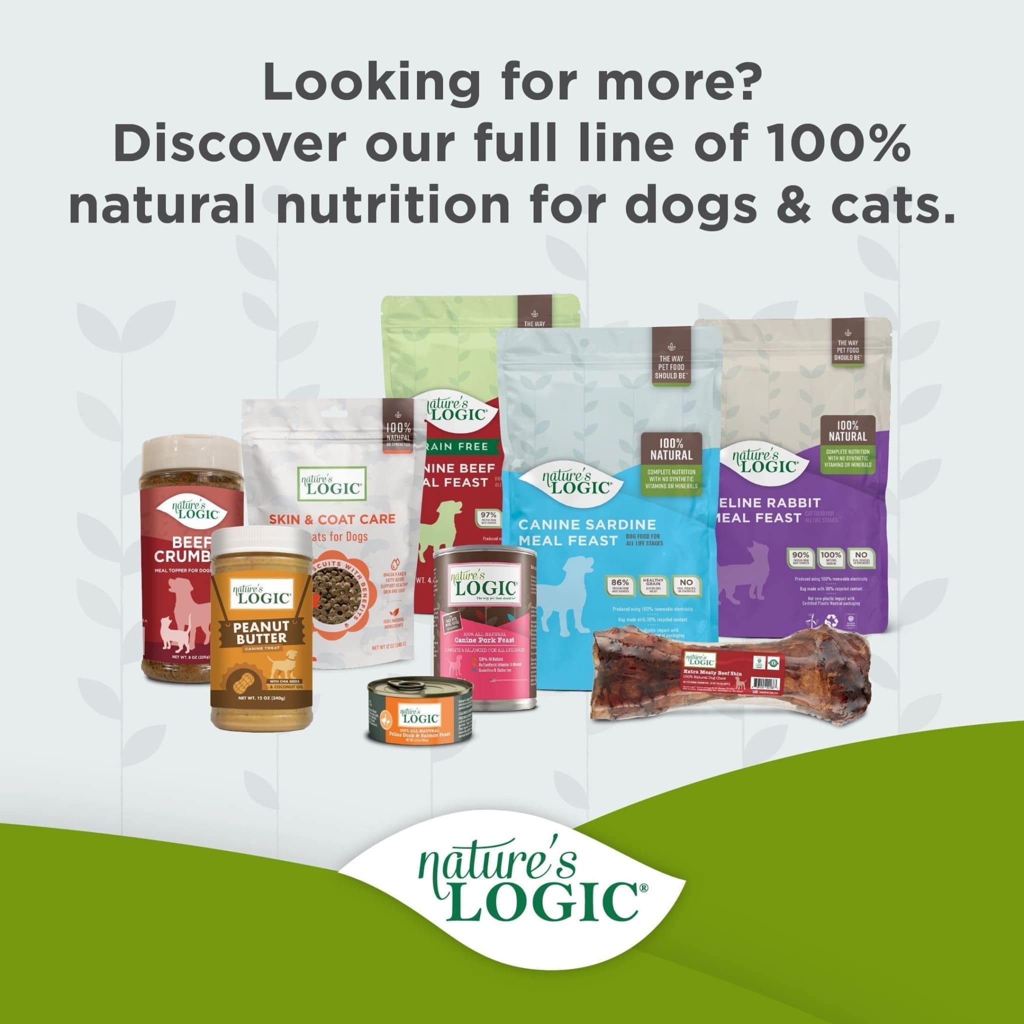 Assorted Nature’s Logic dog and cat foods in cans, jars, and bags displayed with the Nature’s Logic logo.