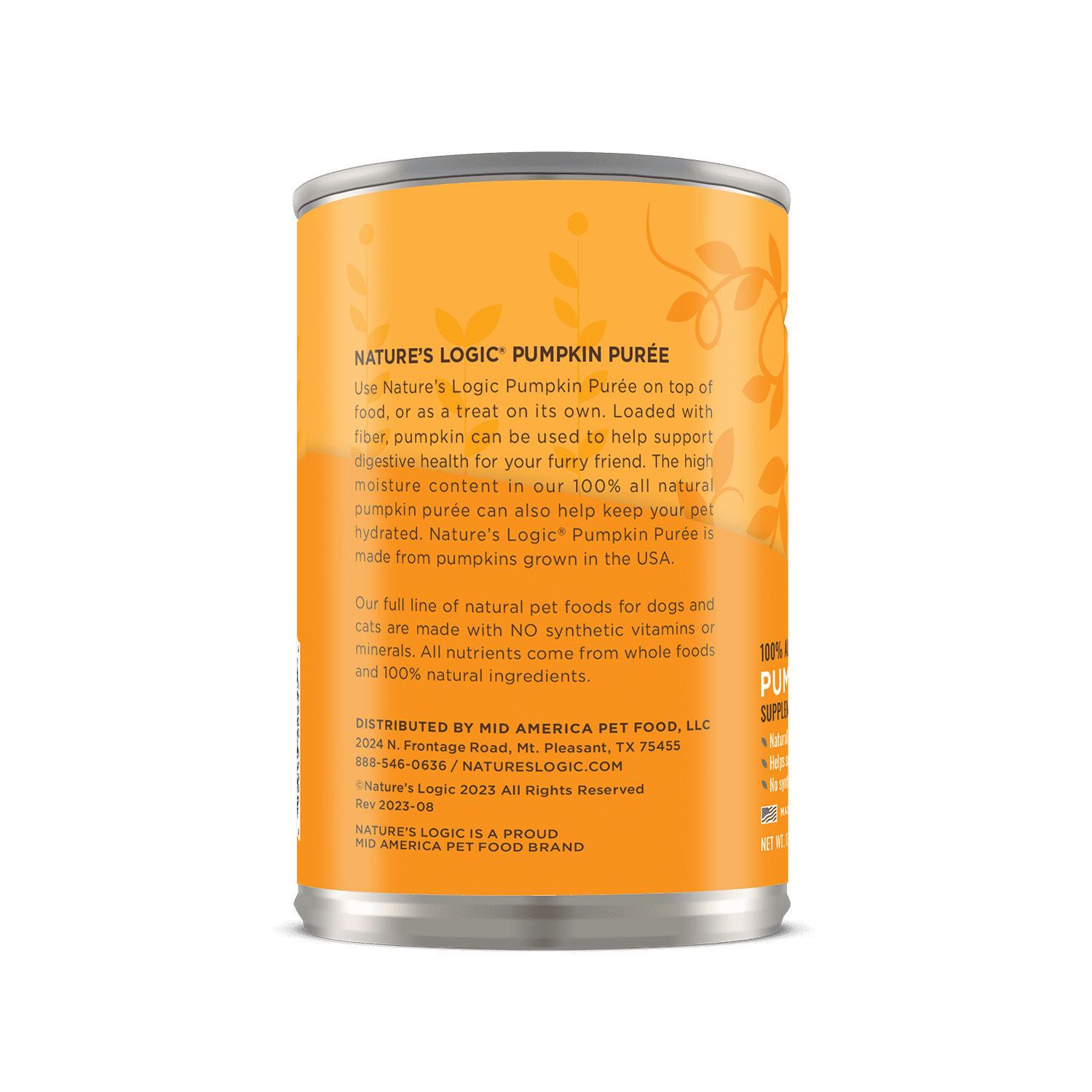 Orange can of Nature’s Logic Pumpkin Purée with a pumpkin-themed label.