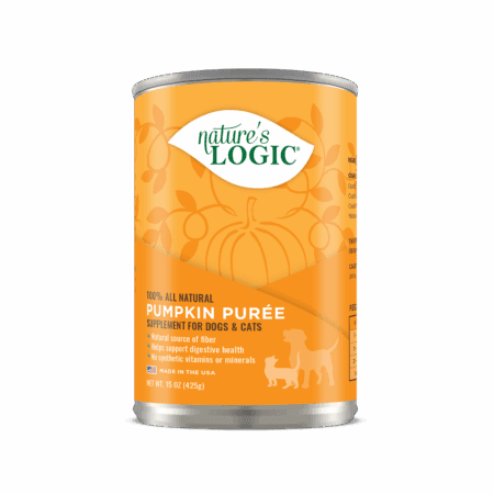 Orange can labeled Nature's Logic Pumpkin Purée with pumpkin graphics and dog and cat silhouettes, a natural supplement for dogs and cats.