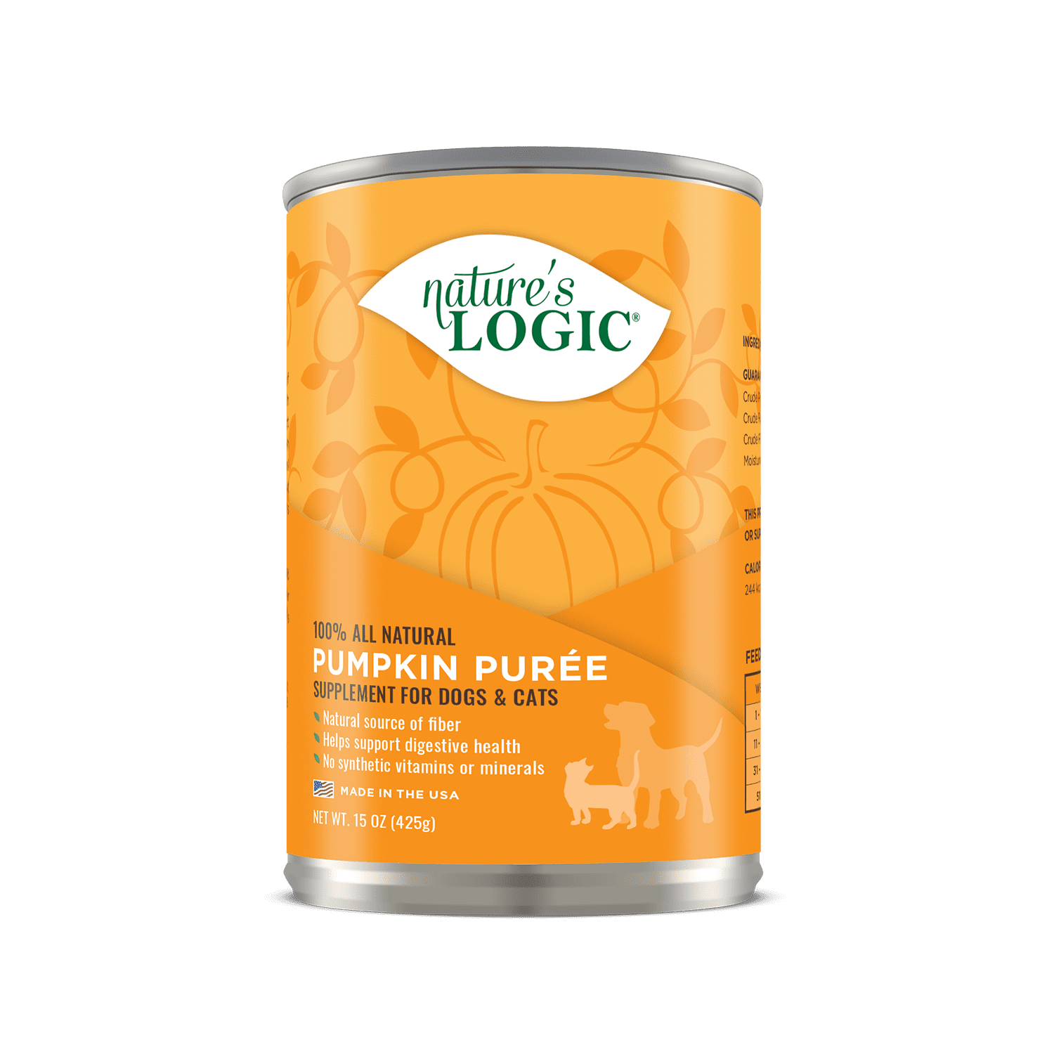 Orange can labeled Nature's Logic Pumpkin Purée with pumpkin graphics and dog and cat silhouettes, a natural supplement for dogs and cats.