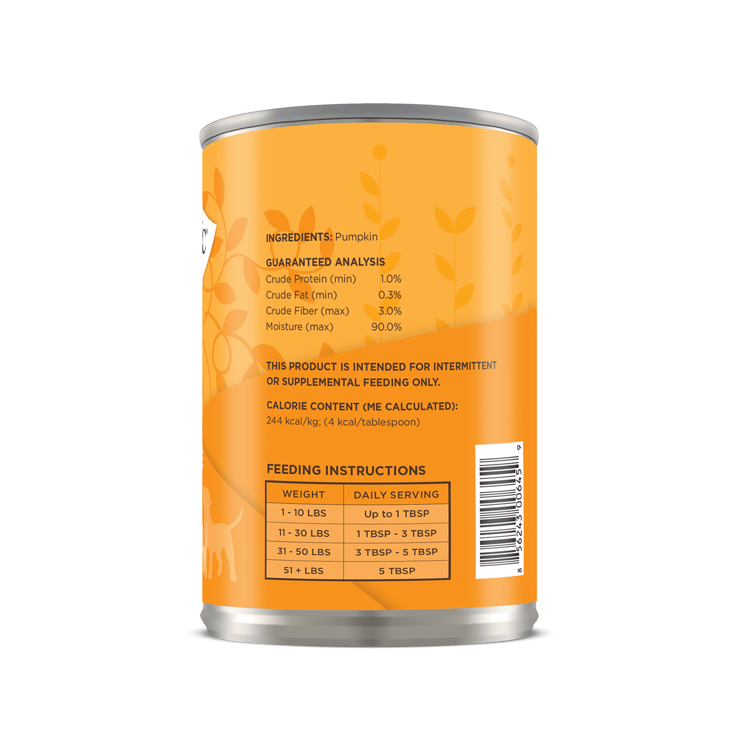 Orange can with a pumpkin product label displaying ingredients, guaranteed analysis, calories and feeding instructions.