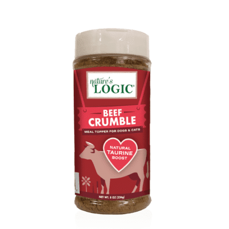 Clear jar with beige lid contains beef crumbles; label reads “True Goodness Organic.”