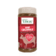 Clear jar with beige lid contains beef crumbles; label reads “True Goodness Organic.”