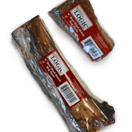 Two packaged dog treats from Nature's Logic. One 6-inch Beef Hind Shank Bone and one 4-inch Beef Hind Shank.