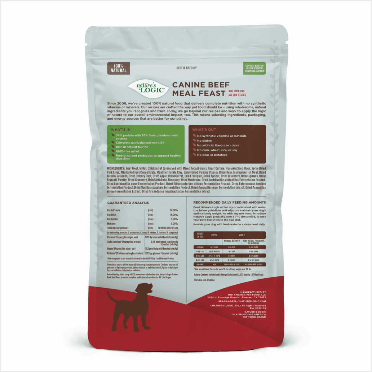 Resealable stand-up pouch of Nature's Logic Canine Beef Meal Feast dog food with a red bottom and a dog silhouette.
