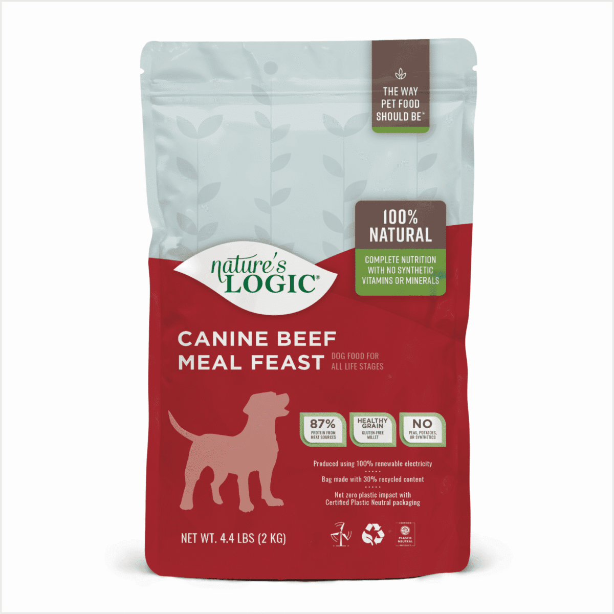Nature's Logic Canine Beef Meal Feast dog food bag with a red lower section and pale upper section featuring a dog silhouette.