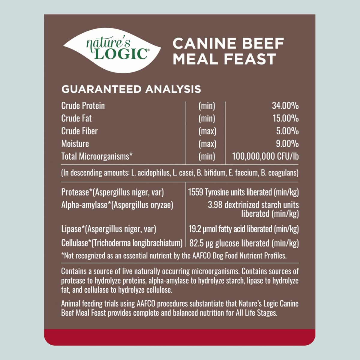 Label for Nature's Logic Canine Beef Meal Feast showing its guaranteed analysis with nutrient percentages on a brown background.