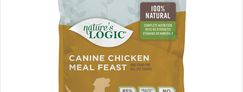 Canine Chicken 4.4 Front A bag of Nature's Logic Canine Chicken Meal Feast dog food.