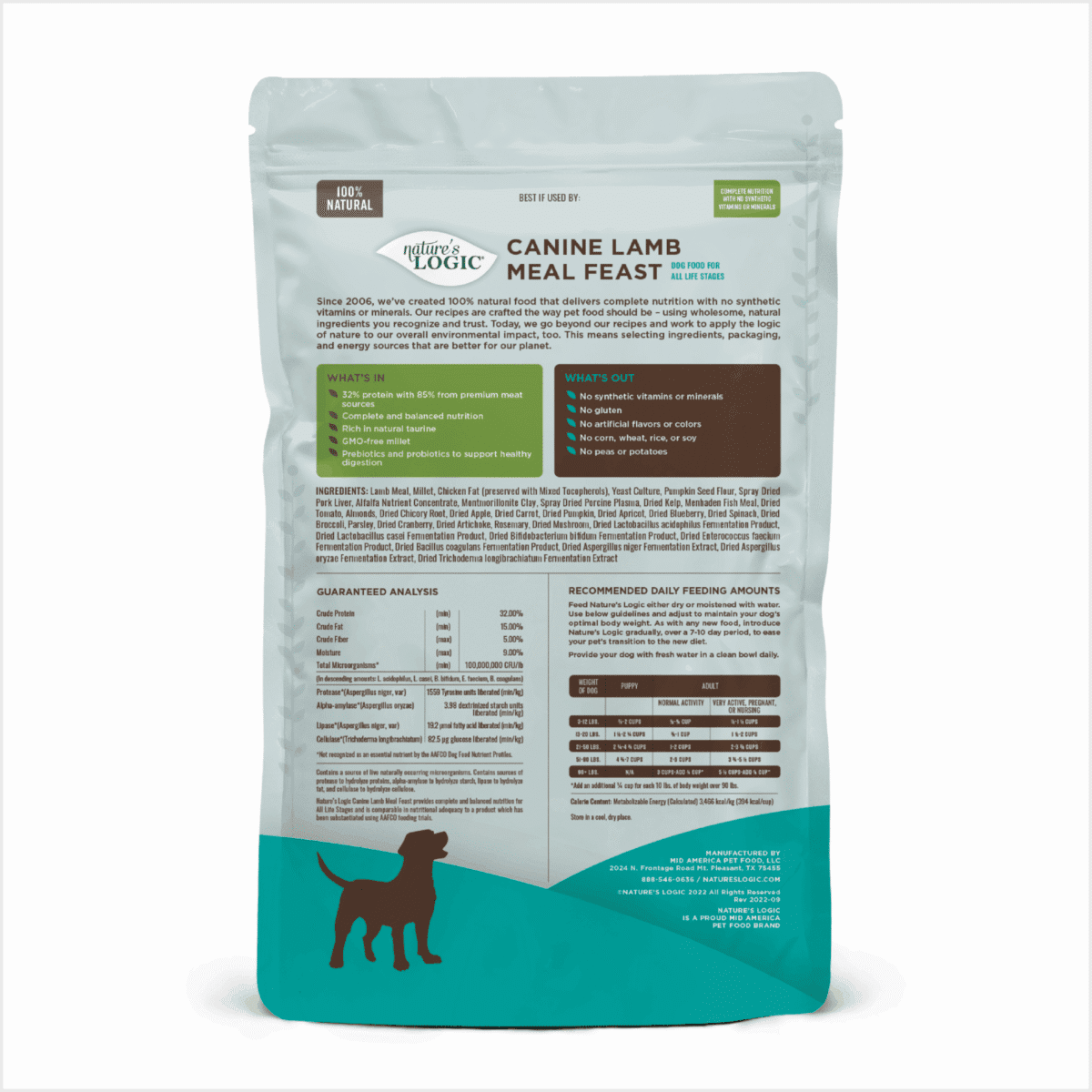 A bag of Nature's Logic Canine Lamb Meal Feast dog food with a teal base and a dog silhouette on the front.