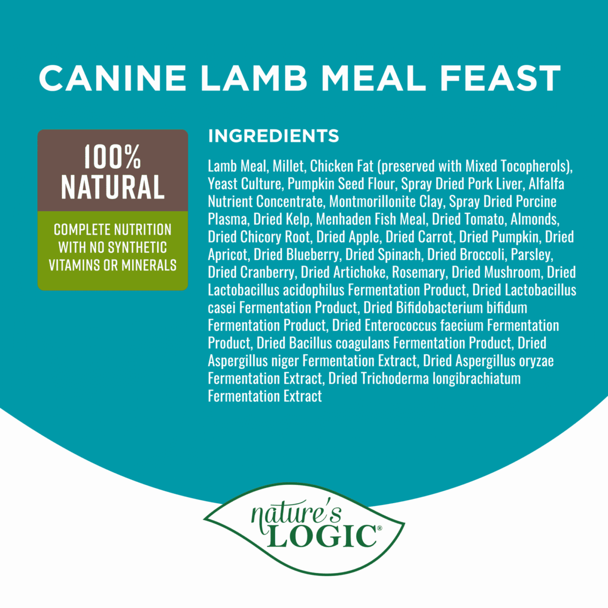 Packaging label for Nature's Logic Canine Lamb Meal Feast, featuring a 100% Natural badge and a long ingredients list beside the Nature's Logic logo.