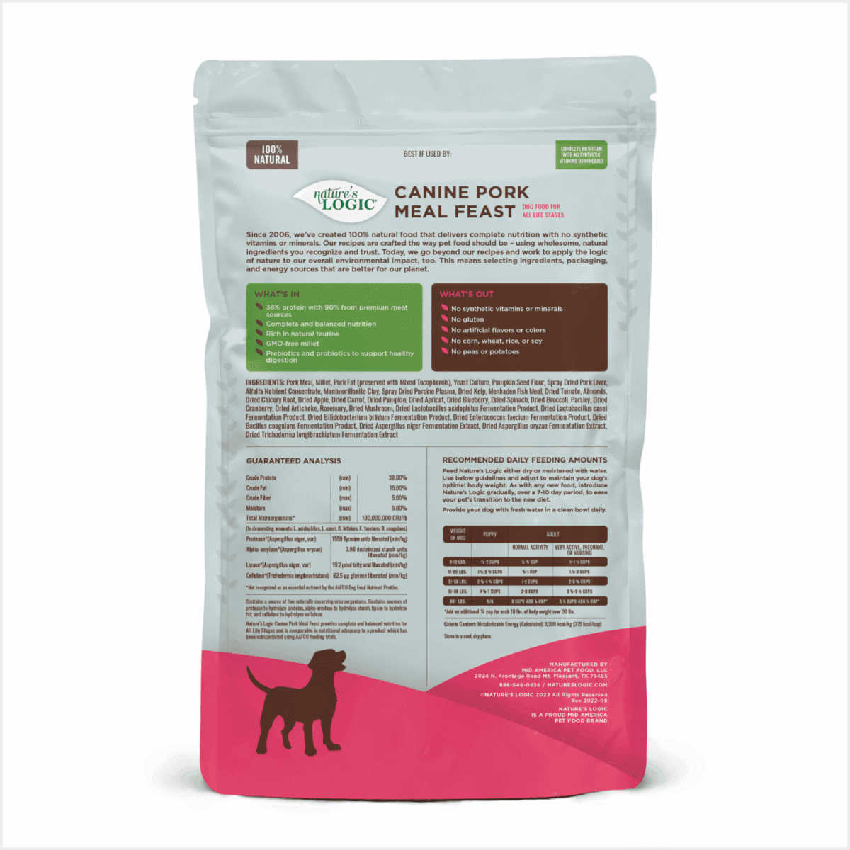 Standing bag of Nature's Logic Canine Pork Meal Feast dog food with a black dog silhouette on the pink bottom.