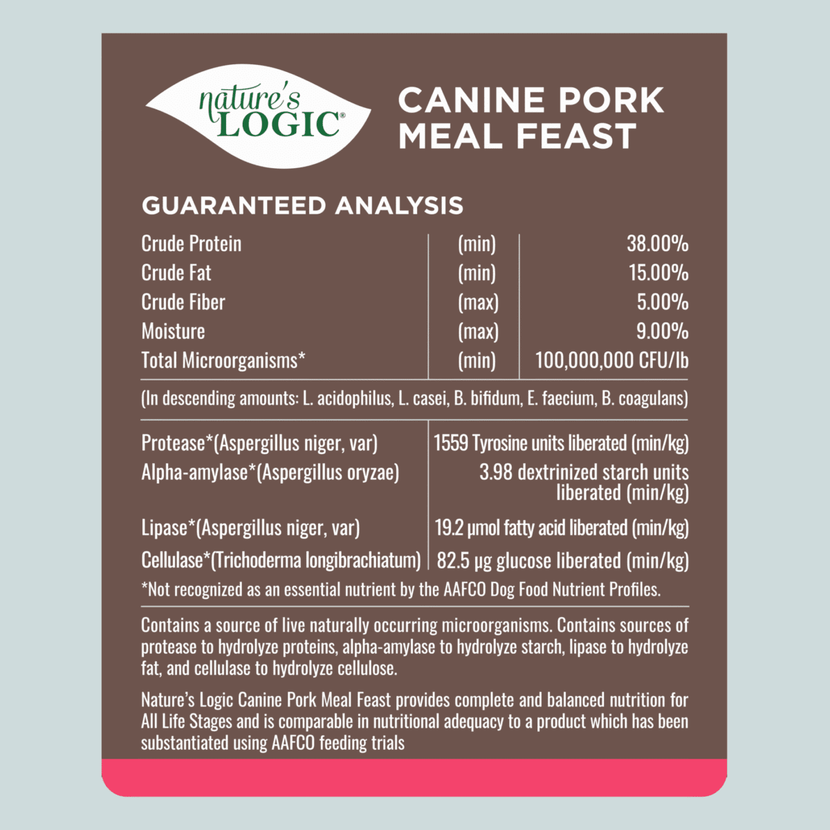 Nature's Logic Canine Pork Meal Feast dog food label with guaranteed analysis and nutrient amounts.