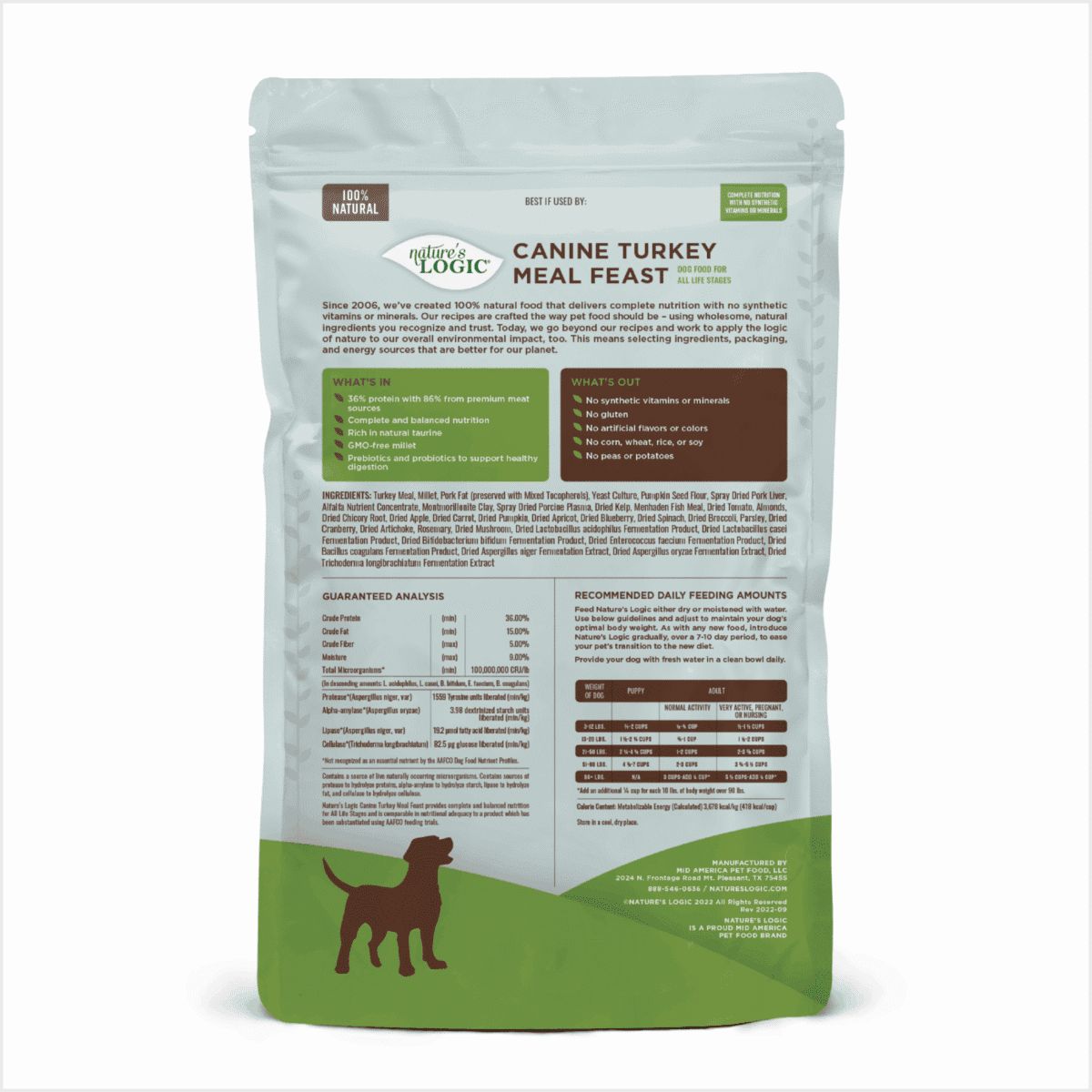 Bag of Nature's Logic Canine Turkey Meal Feast dog food with a green lower section and a brown dog silhouette.