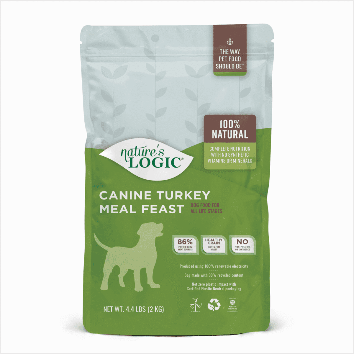 Nature’s Logic Canine Turkey Meal Feast dog food bag with a green and white design.
