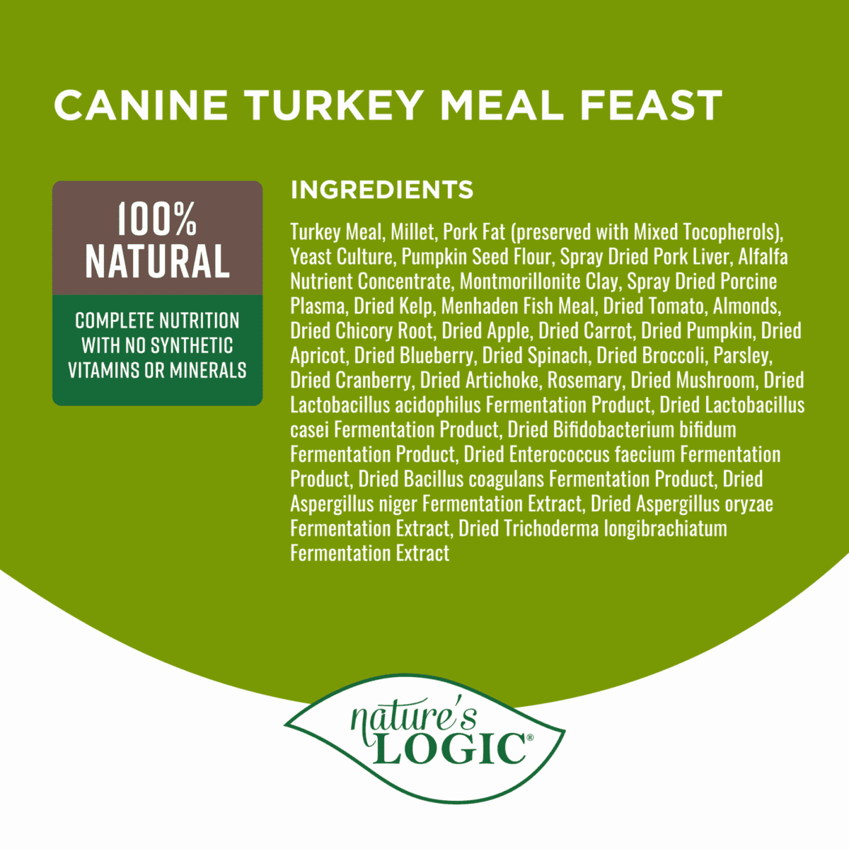 Label for Nature's Logic Canine Turkey Meal Feast dog food featuring a 100% natural badge and a long list of ingredients.