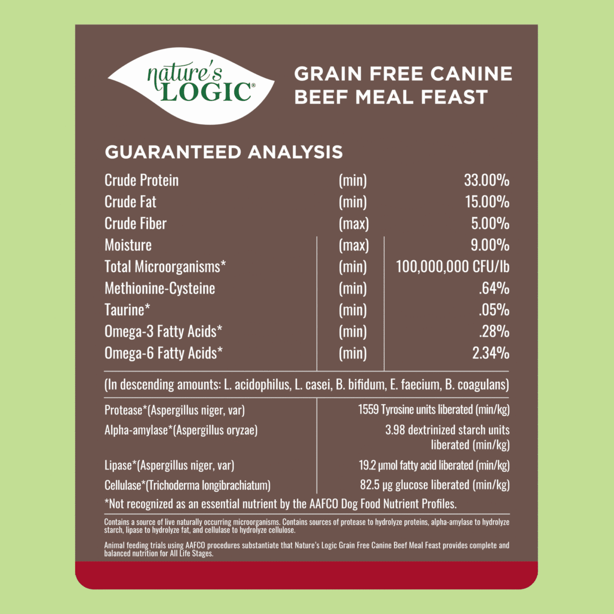 Nature's Logic Grain Free Canine Beef Meal Feast dog food label showing guaranteed analysis and nutrient values.