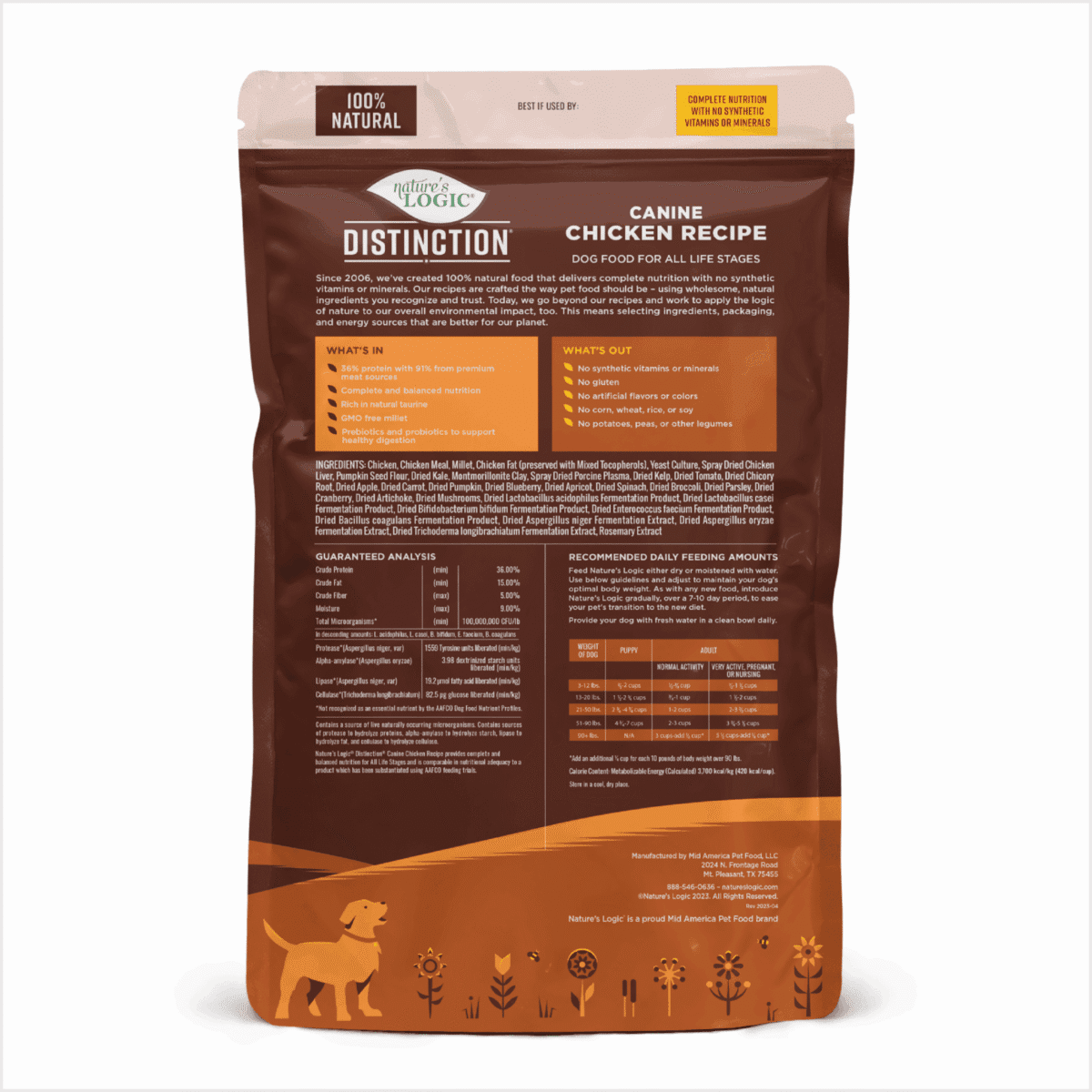 Brown bag of Nature's Logic Distinction Canine Chicken Recipe dog food with a small dog illustration and decorative flowers at the bottom.
