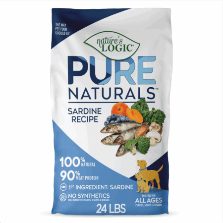 Bag of Nature's Logic Pure Naturals Sardine Recipe dog food with sardines, vegetables, and a small dog graphic.