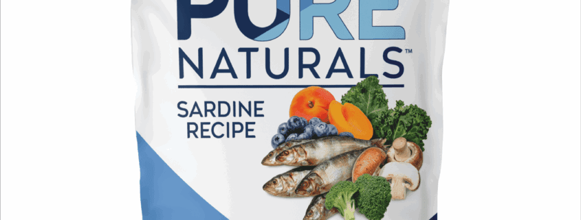 1_FRONT_24lb Bag of Nature's Logic Pure Naturals Sardine Recipe dog food with sardines, vegetables, and a small dog graphic.