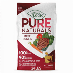 Bag of Nature’s Logic Pure Naturals Beef Recipe dog food showing a grilled beef patty with carrot, kale and blueberries.