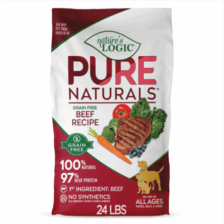 A bag of Nature's Logic Pure Naturals Grain Free Beef Recipe dog food with a beef patty and vegetables on the front.