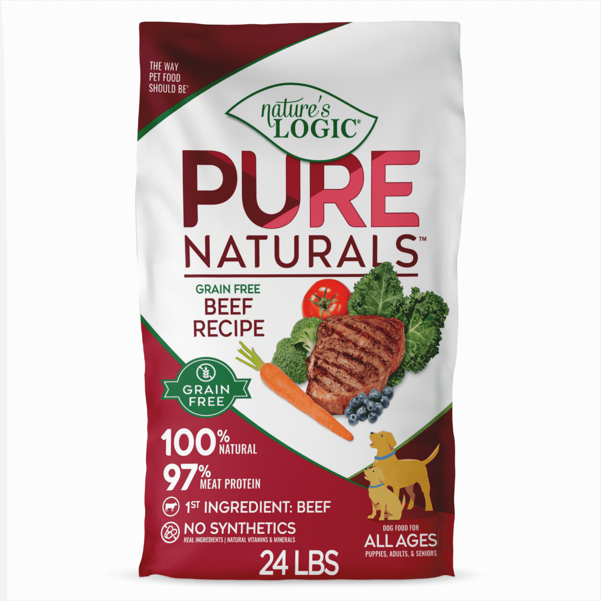 1_FRONT_24lb A bag of Nature's Logic Pure Naturals Grain Free Beef Recipe dog food with a beef patty and vegetables on the front.