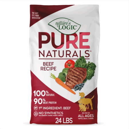 Bag of Nature’s Logic Pure Naturals Beef Recipe dog food showing a grilled beef patty with carrot, kale and blueberries.