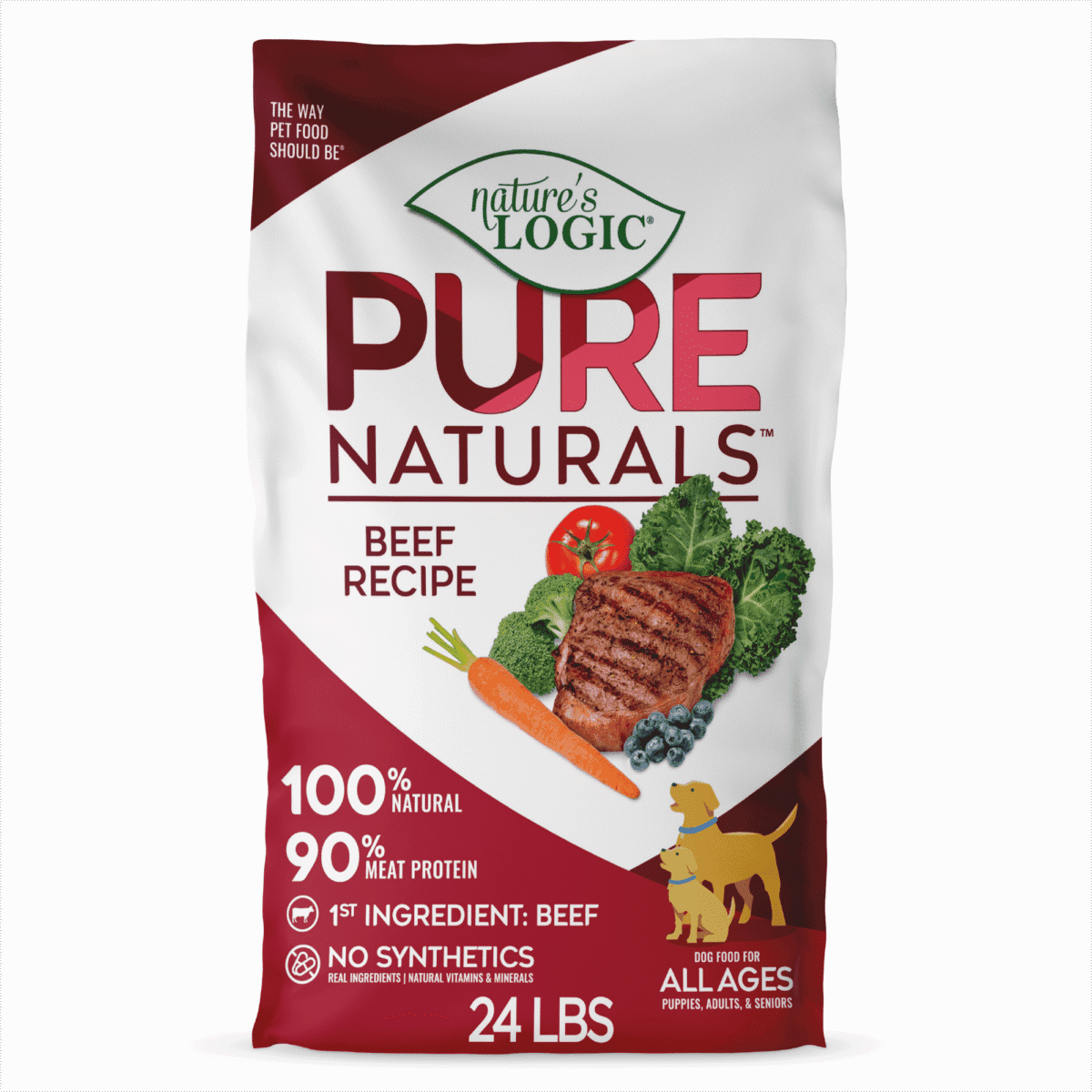 1_FRONT_24lb Bag of Nature’s Logic Pure Naturals Beef Recipe dog food showing a grilled beef patty with carrot, kale and blueberries.