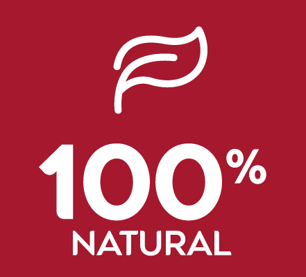 2a_PURE_A+_100_Natural_220x220x2 Red square badge with a white leaf icon and the text 100% NATURAL.