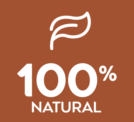 2a_PURE_A+_CKN_100_Natural_220x220 Brown background with a white leaf icon and the text 100% NATURAL.
