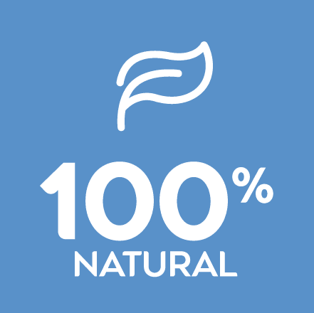 A blue background features a white leaf icon and the text 100% NATURAL.
