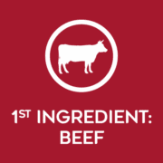 2b_PURE_A+_1st_Ingredient_220x220x2 Red background with a white cow silhouette and the text "1st INGREDIENT: BEEF."