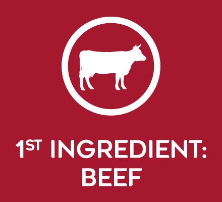 2b_PURE_A+_1st_Ingredient_220x220x2 Red label with a white cow icon and the text "1st Ingredient: Beef."