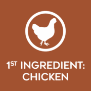 2b_PURE_A+_CKN_1st_Ingredient_220x220x2 White circular chicken icon with the text '1st INGREDIENT: CHICKEN' on a brown background.