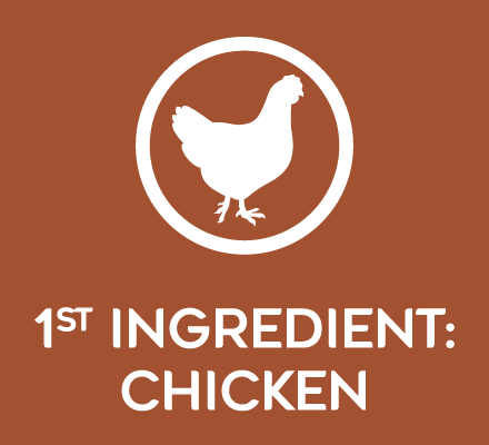 2b_PURE_A+_CKN_1st_Ingredient_220x220x2 White circular chicken icon with the text '1st INGREDIENT: CHICKEN' on a brown background.