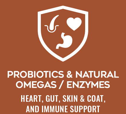 2c_PURE_A+_CKN_Probiotics_220x220 Orange badge featuring a white shield icon on the left and the text "Probiotics & Natural Omegas" with a small line reading "Heart, Gut, Skin & Coat."