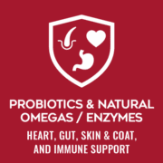 2c_PURE_A+_Probiotics_220x220x2 Red square badge featuring a white shield with a leaf emblem and the text 'PROBIOTICS & NATURAL OMEGAS'.