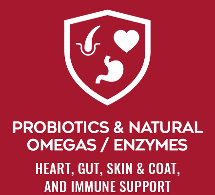 2c_PURE_A+_Probiotics_220x220x2 Red square badge featuring a white shield with a leaf emblem and the text 'PROBIOTICS & NATURAL OMEGAS'.