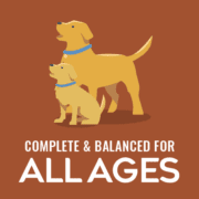 2d_PURE_A+_CKN_All_Ages_220x220 Cartoon illustration of a large dog balancing a smaller dog on its back against an orange background with the words ALL AGES.