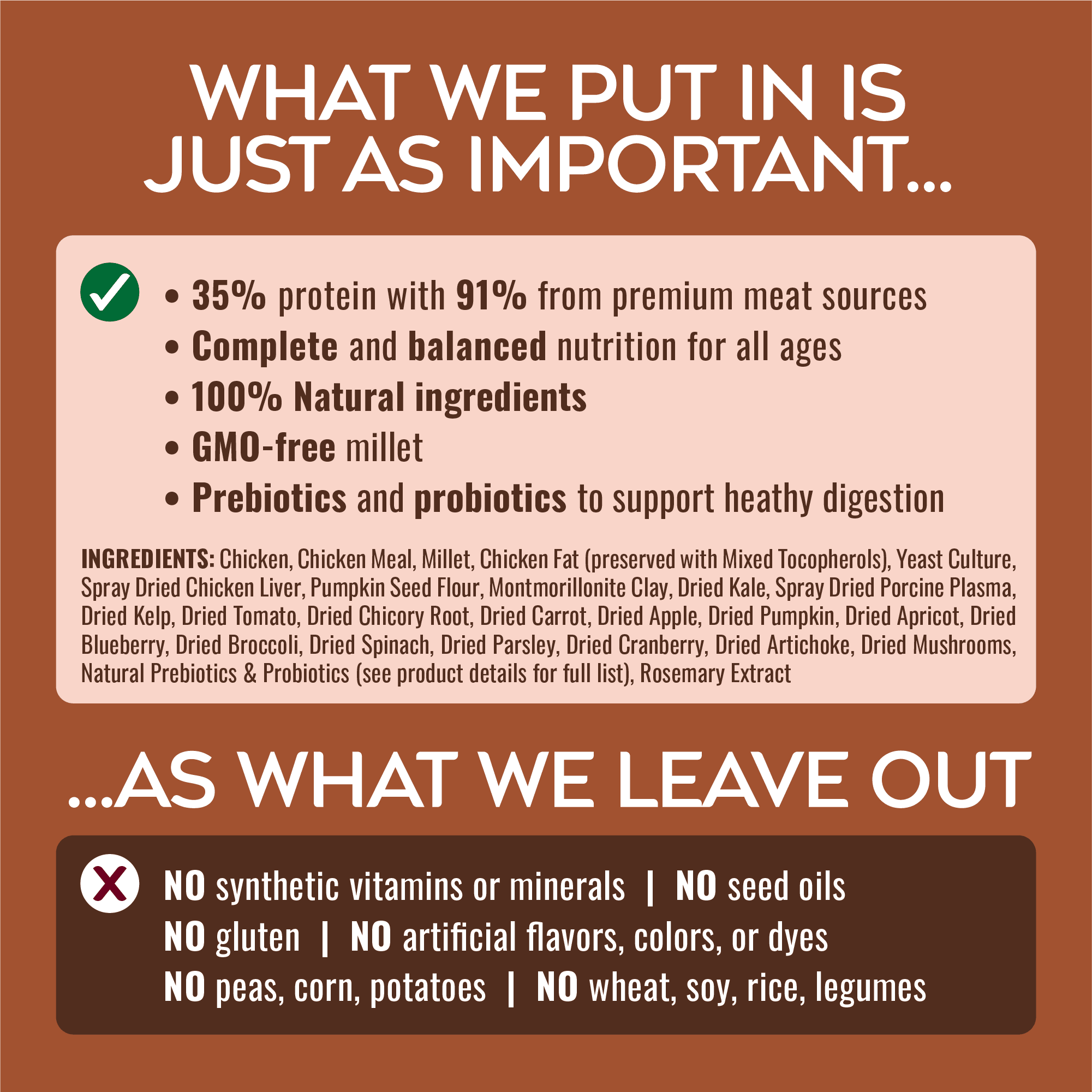 Infographic showing what goes into a product (high-quality protein, natural ingredients, prebiotics) and what is left out (no synthetic vitamins, gluten, artificial flavors).