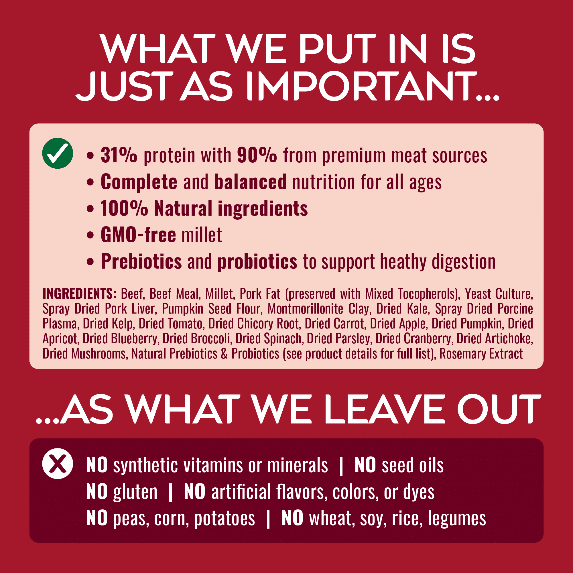 Red infographic showing “what we put in” (protein from premium meat, natural ingredients, prebiotics) and “what we leave out” (no synthetic vitamins, gluten, seed oils, artificial flavors/colors, or common grains).