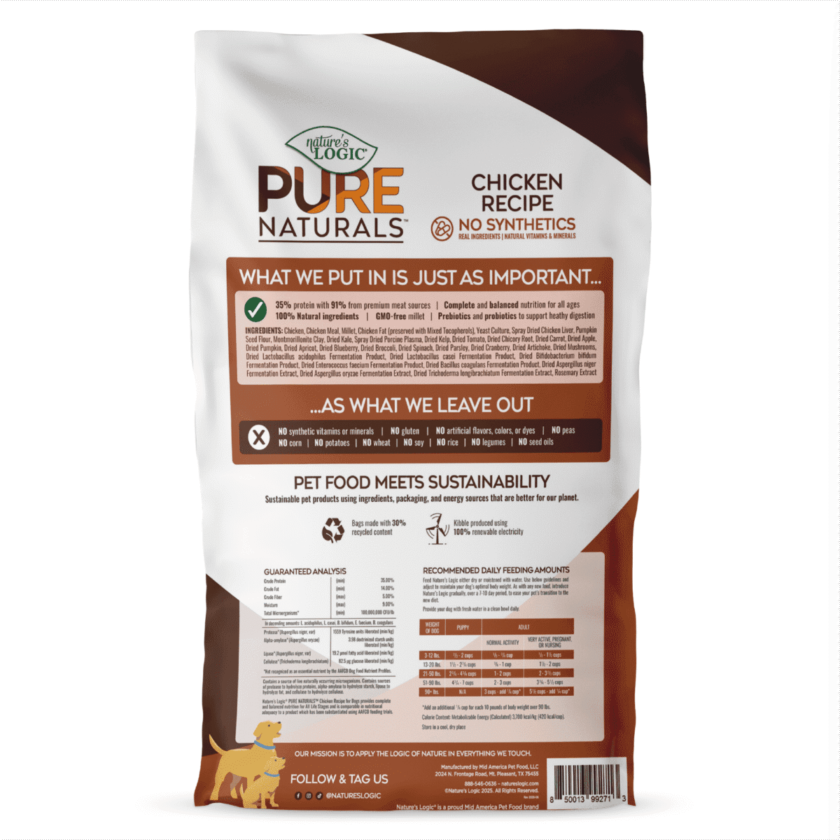 Bag of Pure Naturals Nature's Logic chicken recipe dog food with a dog illustration and slogans about ingredients and sustainability.