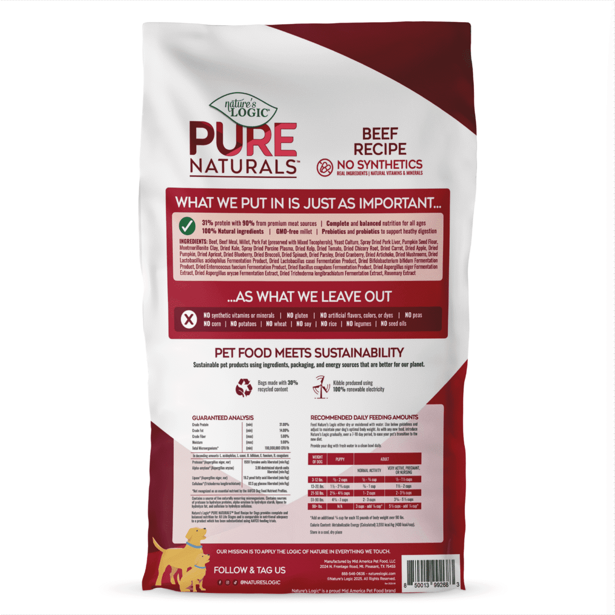 Bag of Nature's Logic Pure Naturals Beef Recipe dog food with the slogan What we put in is just as important.