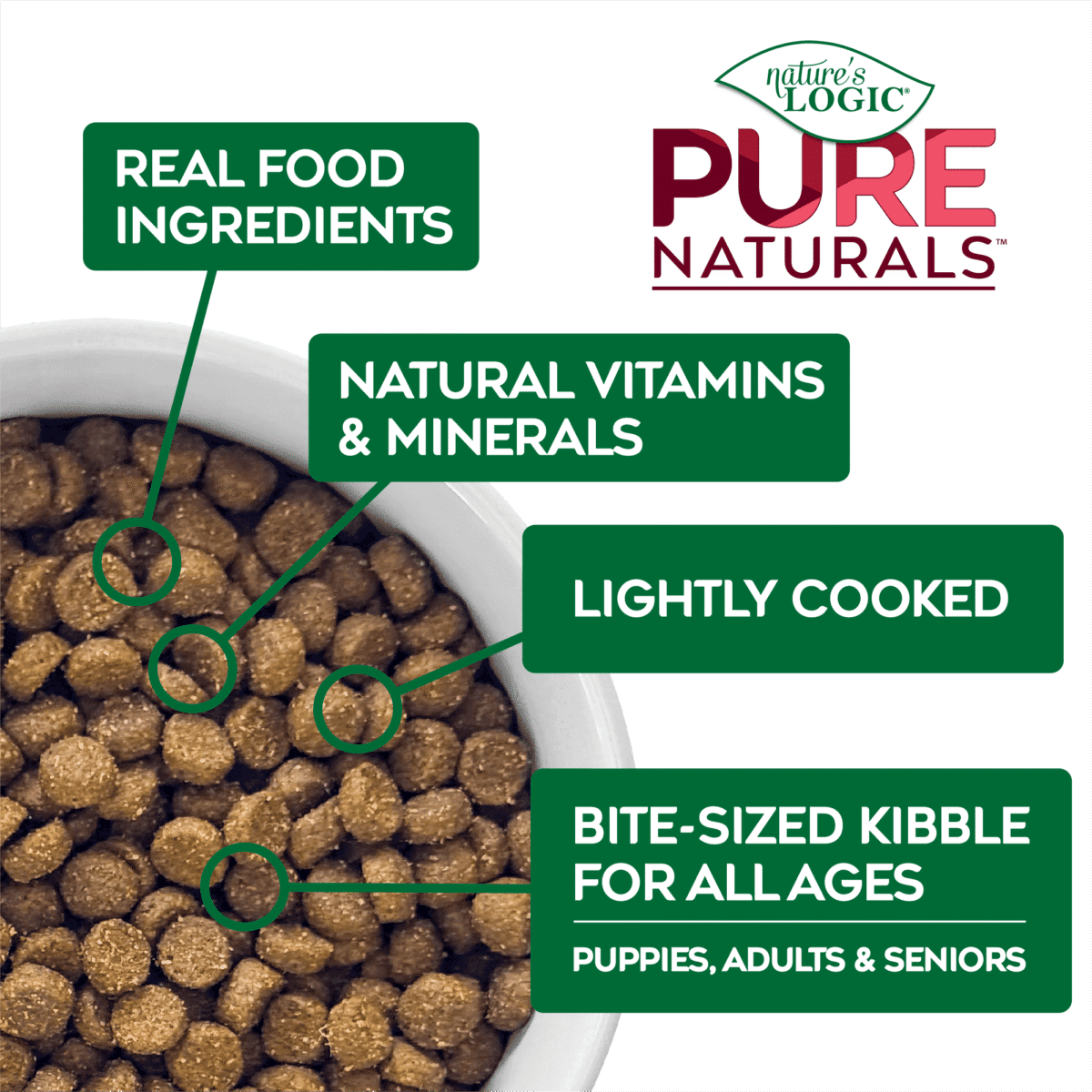 A bowl of dry kibble with green callouts highlighting Real Food Ingredients, Natural Vitamins & Minerals, Lightly Cooked, and Bite-sized kibble for puppies, adults and seniors.