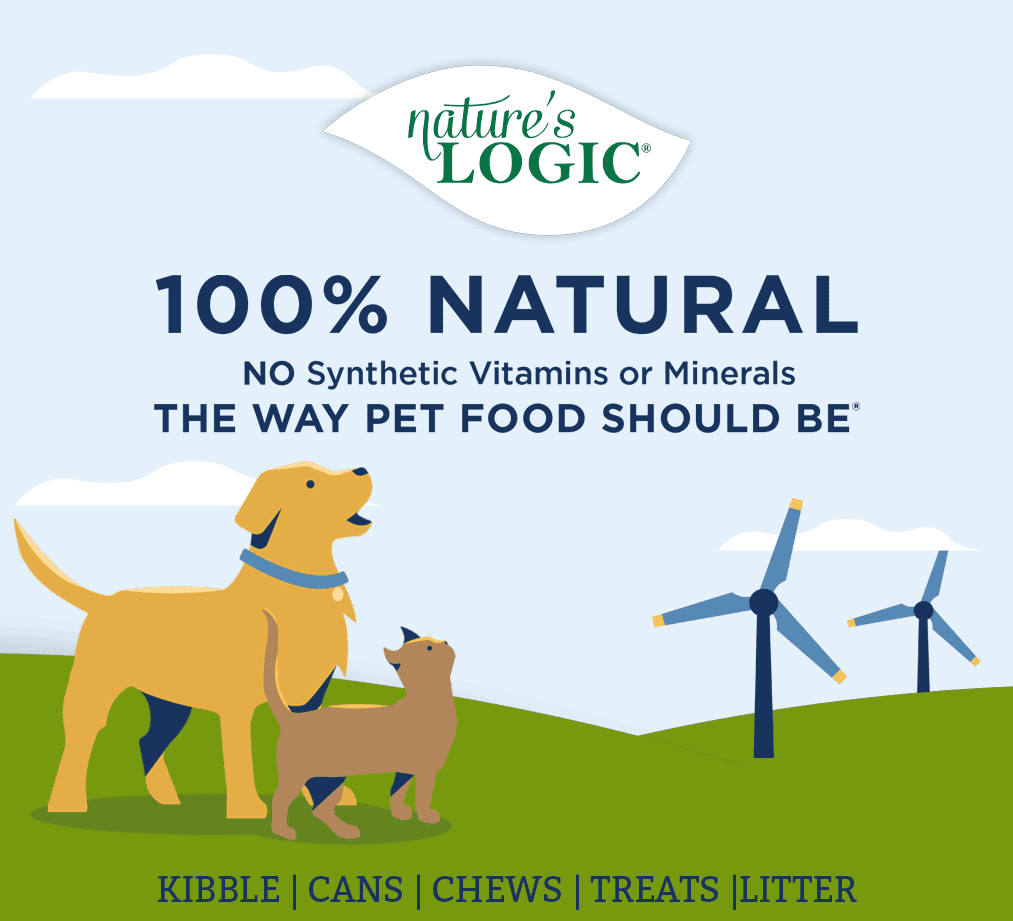 Illustration of a man with a yellow dog on a farm, with a wind turbine and the “100% Natural” label.