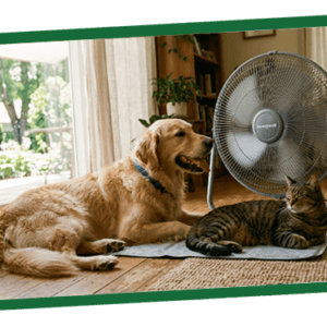A golden retriever lies on a rug beside a cat near a large floor fan in a sunlit living room.